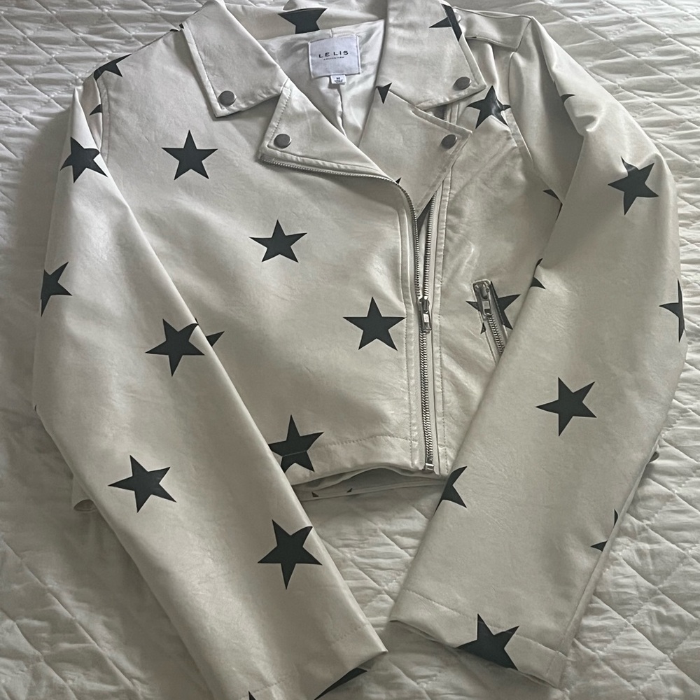 Le Lis White and Black Leather Moto Jacket with Star Pattern